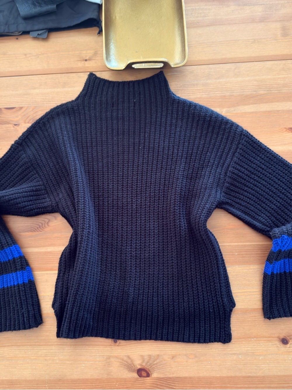 Scripted Black Knit Women's Sweater with Blue Stripe Cuffs Small